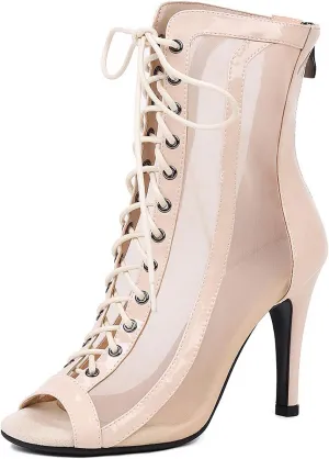 YKXLM Latin Dance Boots Salsa Women Ballroom Lace-up Ankle Open Toe Dance Shoes,953,3 inch Heel,Beige,9.5 US