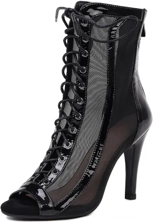 YKXLM Latin Dance Boots Salsa Women Ballroom Lace-up Ankle Open Toe Dance Shoes,953,3 inch Heel,Black,7 US