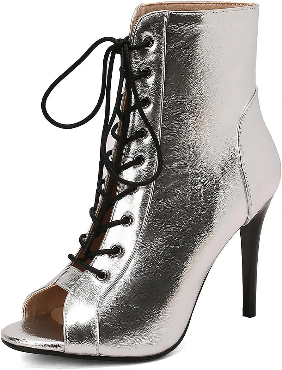 YKXLM Latin Dance Boots Salsa Women Ballroom Lace-up Ankle Open Toe Dance Shoes,9676-1,Silver,9.5US