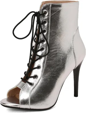 YKXLM Latin Dance Boots Salsa Women Ballroom Lace-up Ankle Open Toe Dance Shoes,9676-1,Silver,9.5US