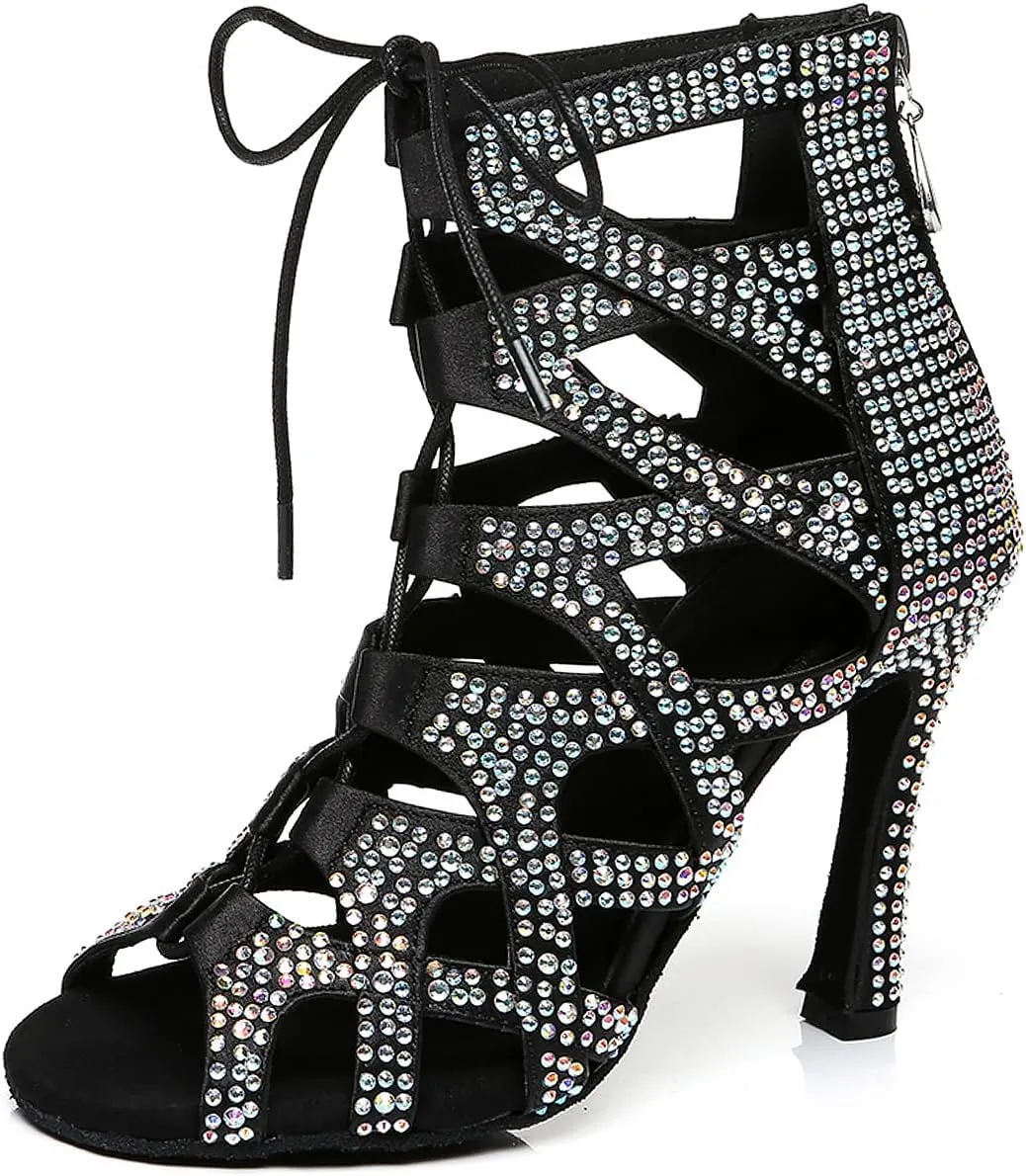YKXLM Latin Dance Boots Salsa Women Ballroom Lace-up Ankle Open Toe Dance Shoes,L439,4 inch Heel,Black,5.5 US