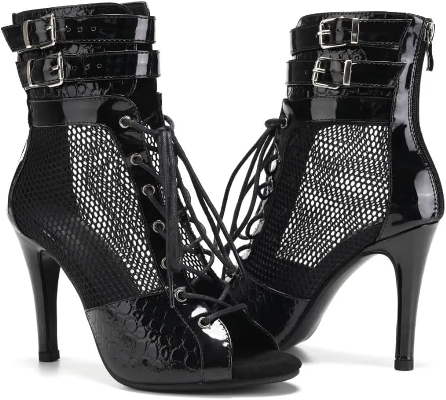 YKXLM Sexy Mesh Leather Boots for Latin Dance Shoes Peep Toe for Heel Dance,970