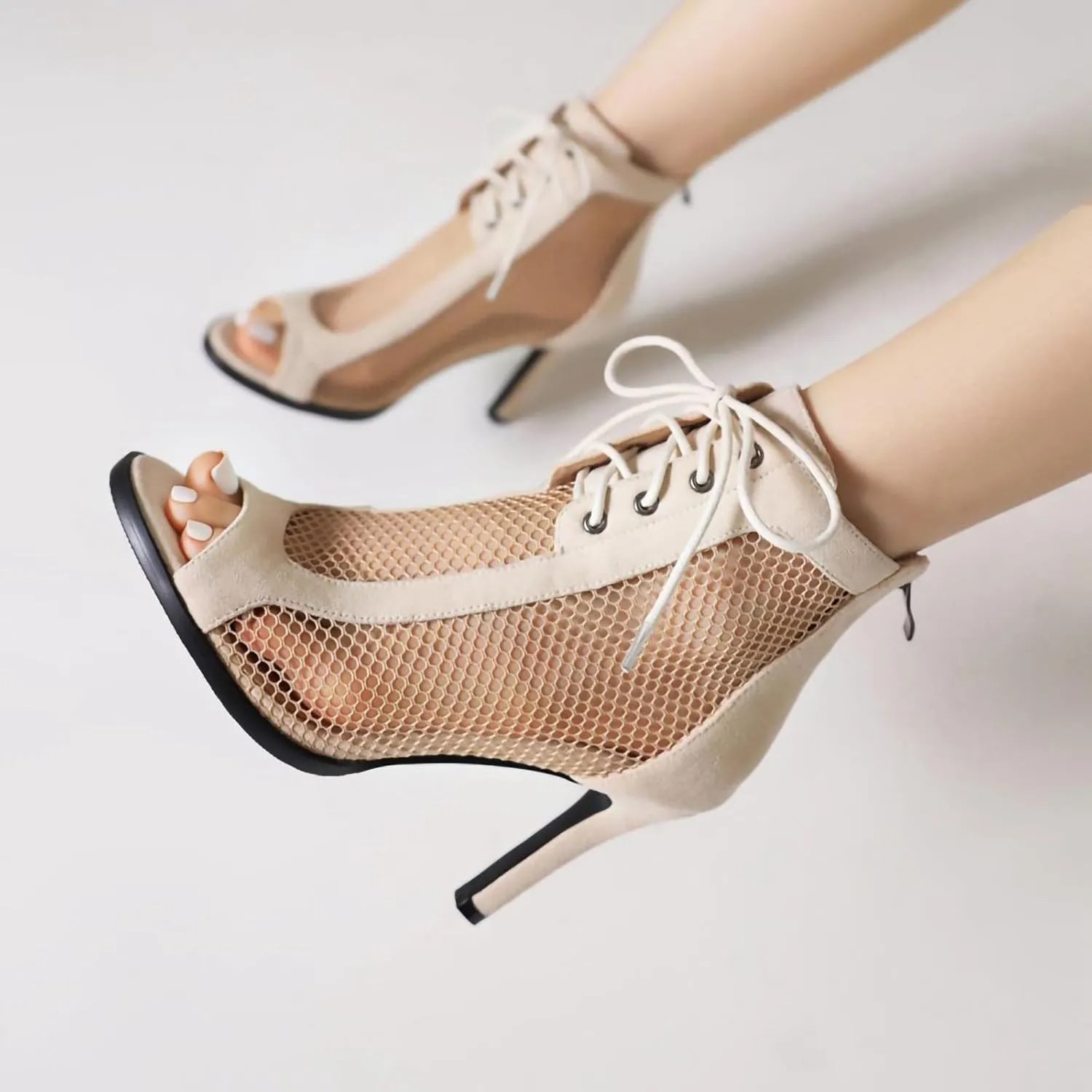 YKXLM Sexy Mesh Leather Boots for Latin Dance Shoes Peep Toe for Heel Dance,970