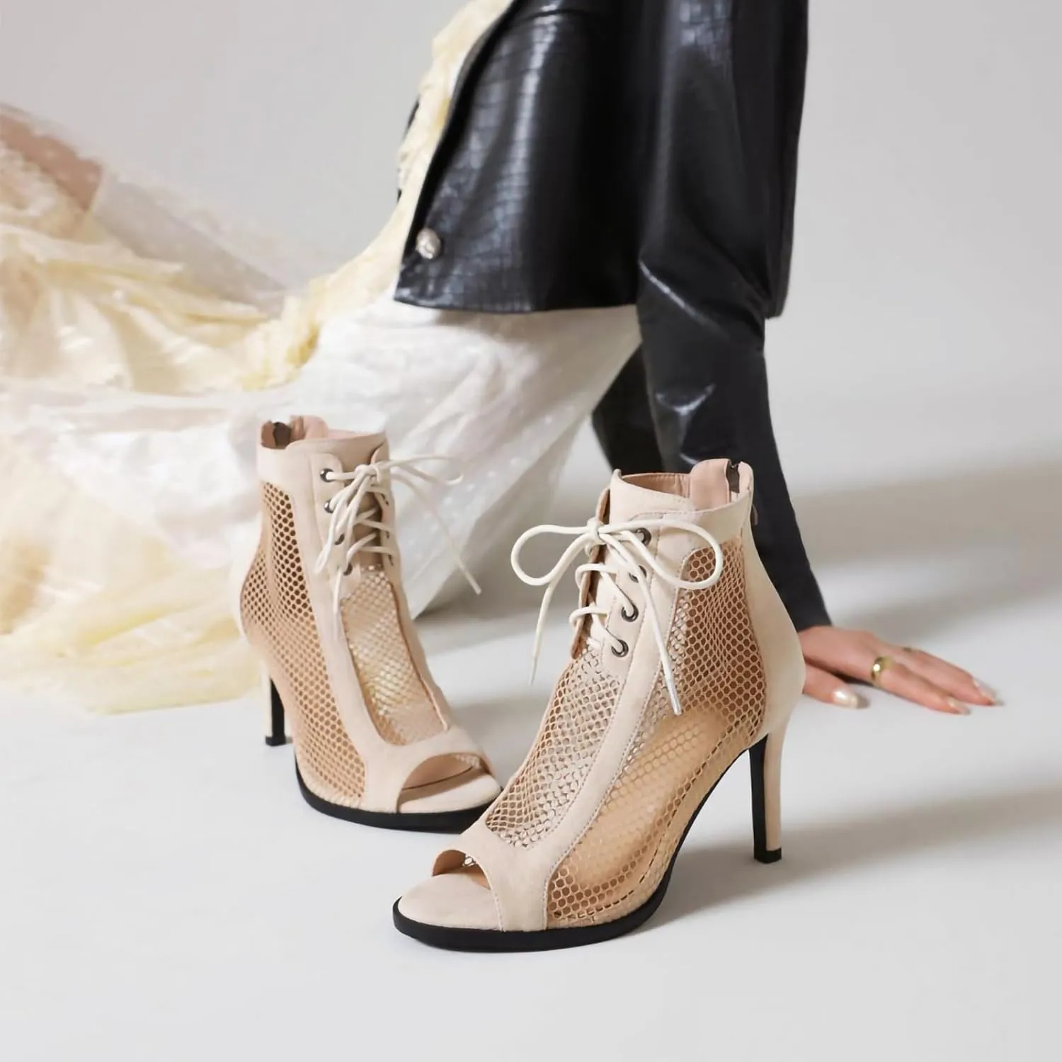 YKXLM Sexy Mesh Leather Boots for Latin Dance Shoes Peep Toe for Heel Dance,970