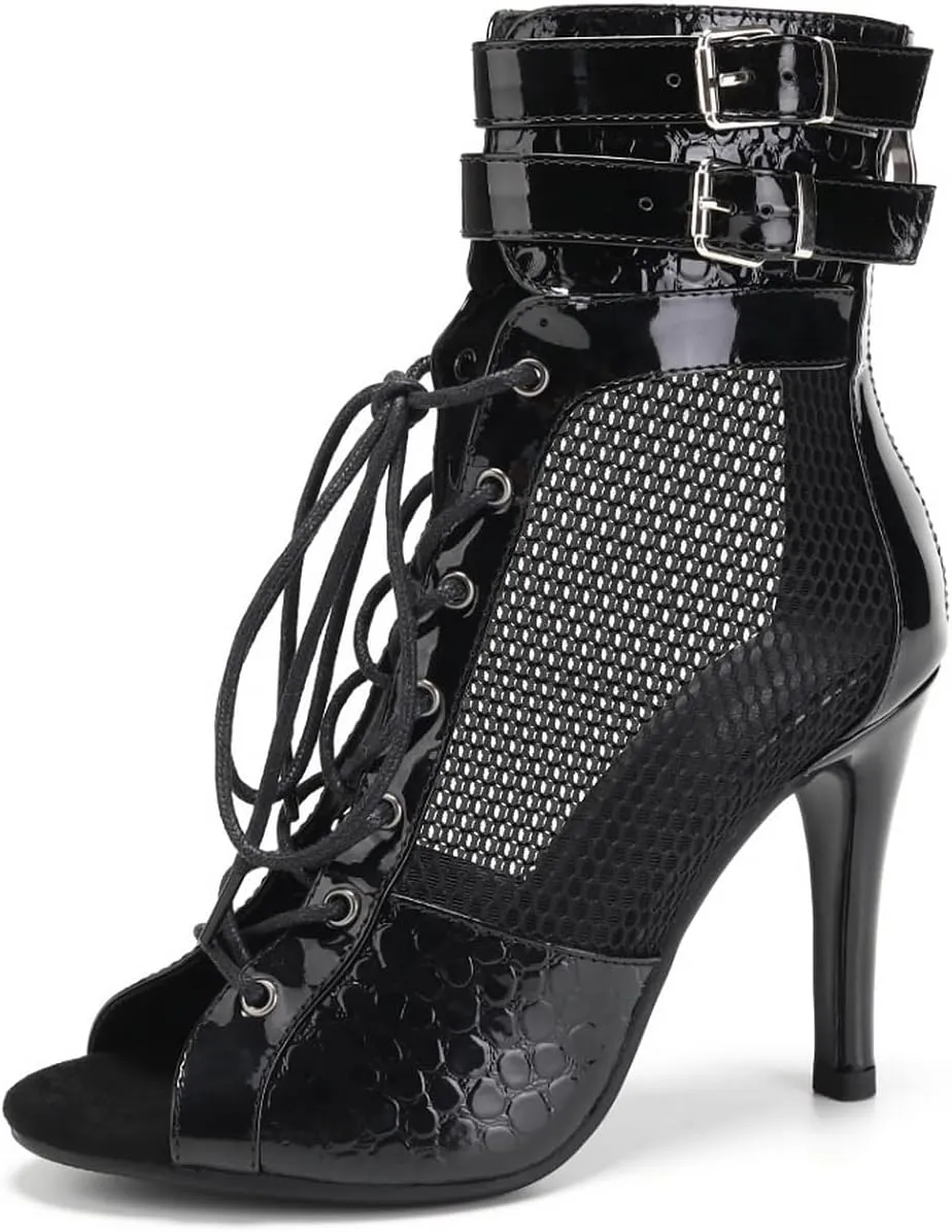YKXLM Sexy Mesh Leather Boots for Latin Dance Shoes Peep Toe for Heel Dance,970