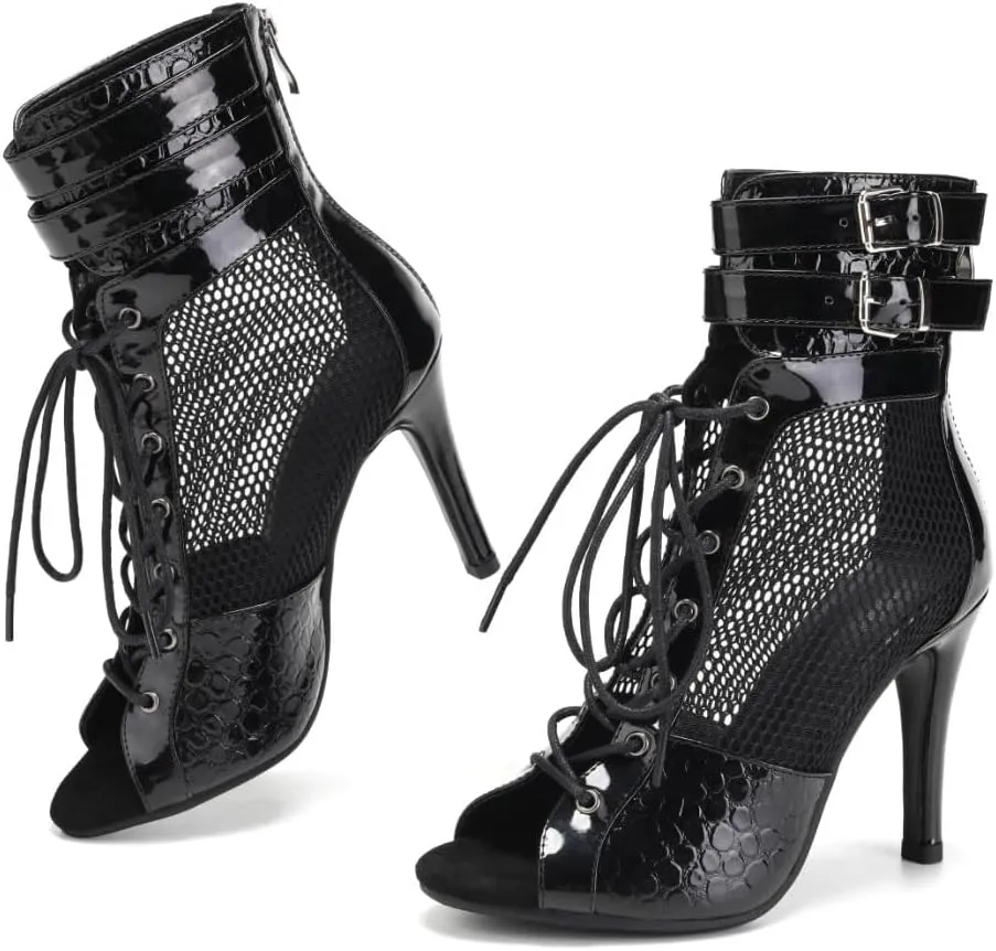 YKXLM Sexy Mesh Leather Boots for Latin Dance Shoes Peep Toe for Heel Dance,970
