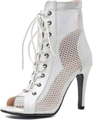 YKXLM Women Open Toe Dance Boots Latin Salsa Ballroom Lace-up Ankle Dance Shoes,B55,3 inch Heel,White,6 US